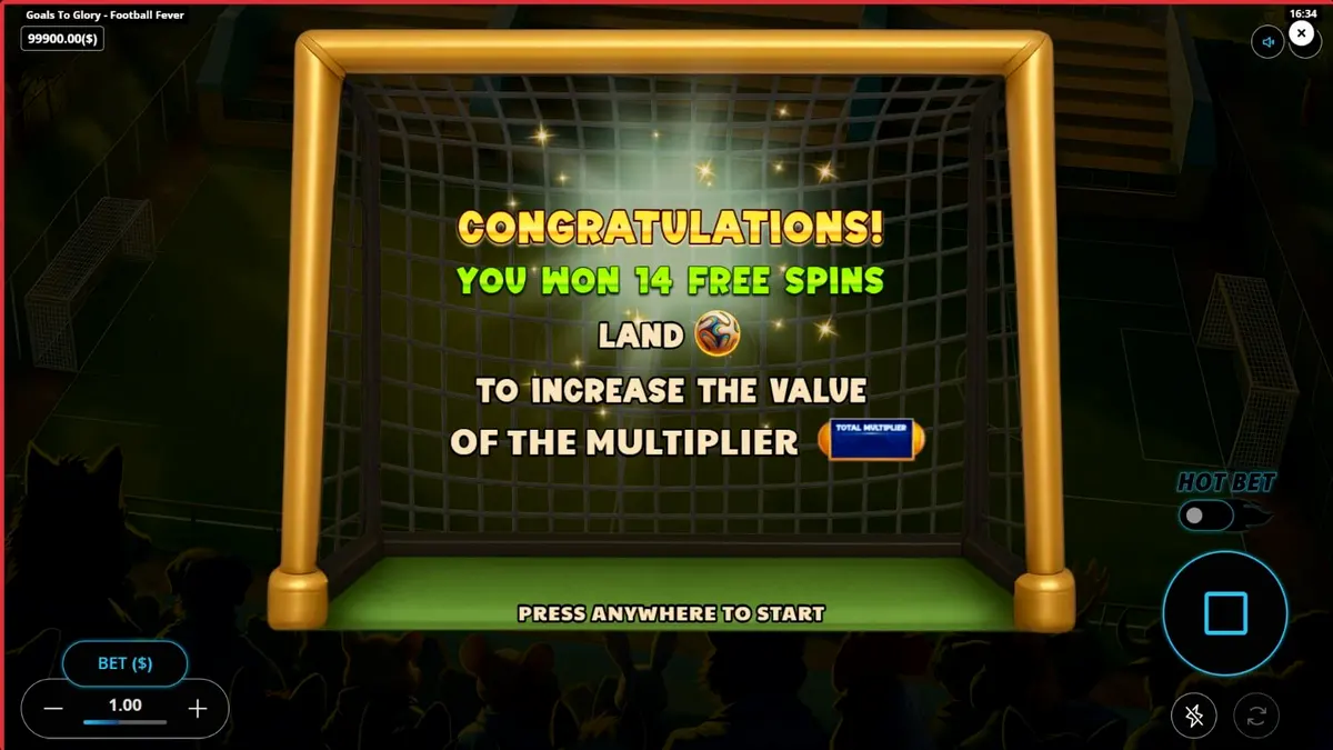 Interface do jogo de slot Goals to Glory Football Fever com tema de futebol