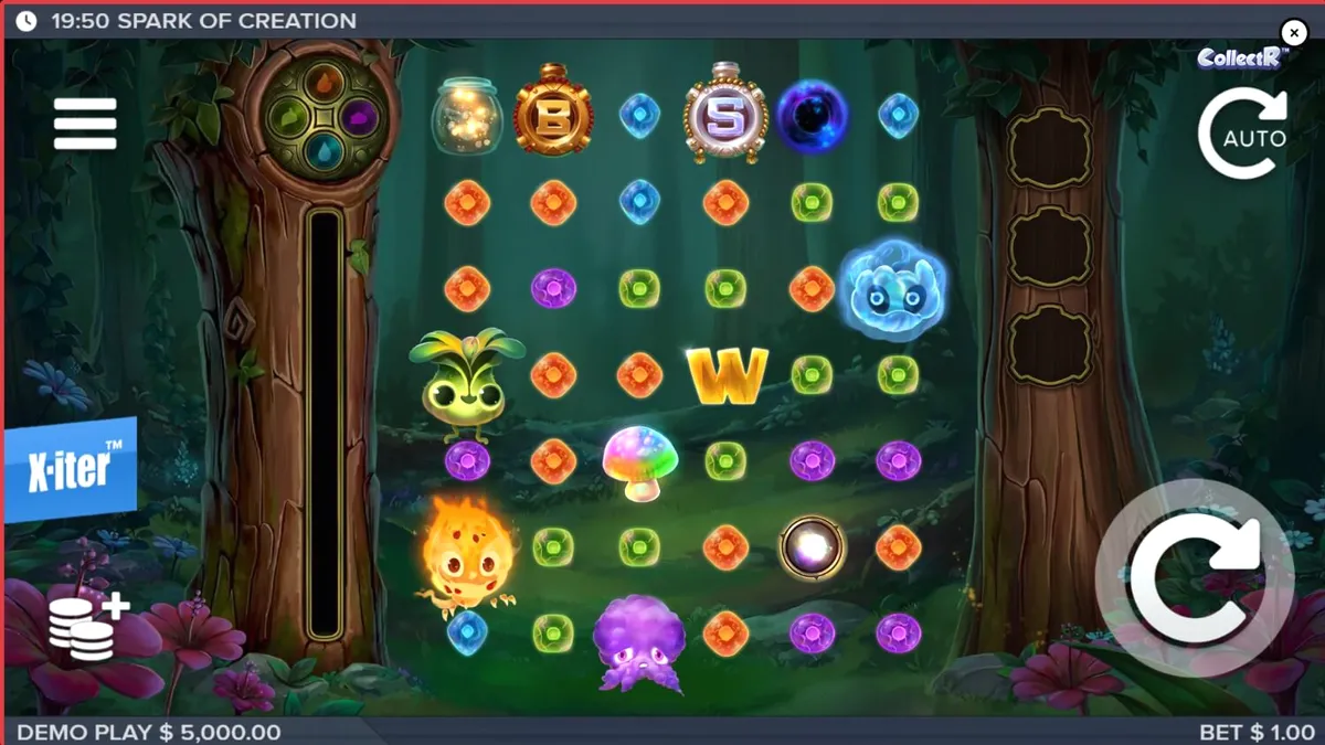 Cenário da floresta mística e criaturas elementais no slot Spark of Creation