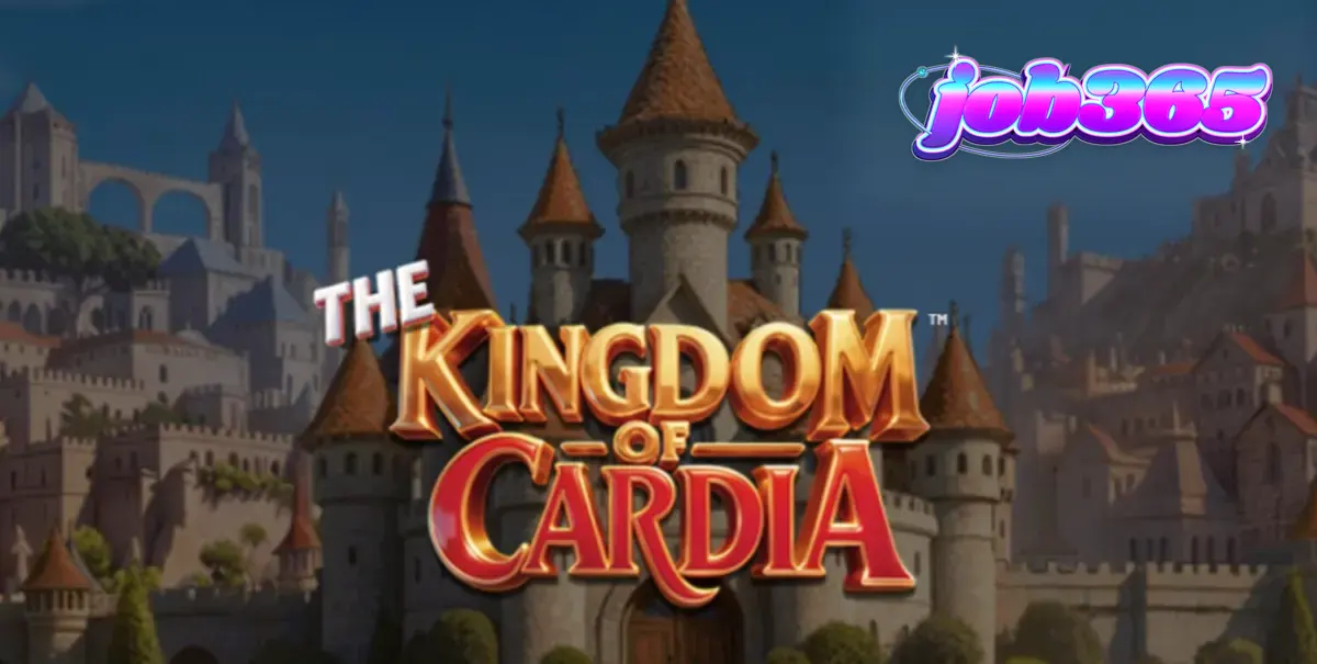 Cenário vibrante e fantástico do slot The Kingdom of Cardia com elementos de cartas e jardim.